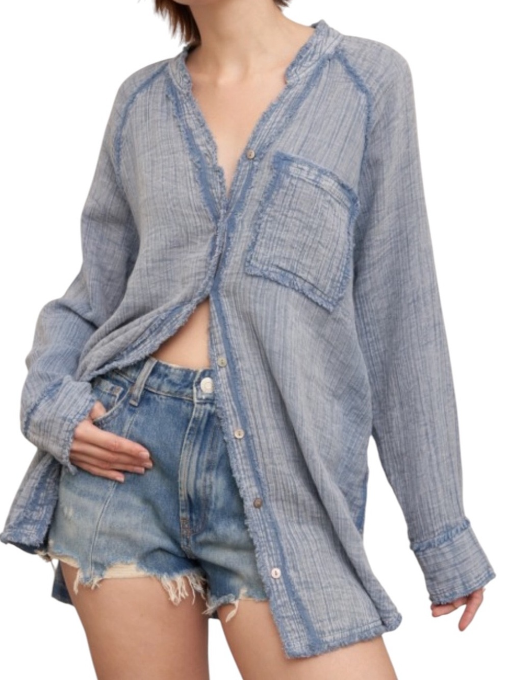 Light Blue Button-Down Gauze Shirt - Casual Women’s Top